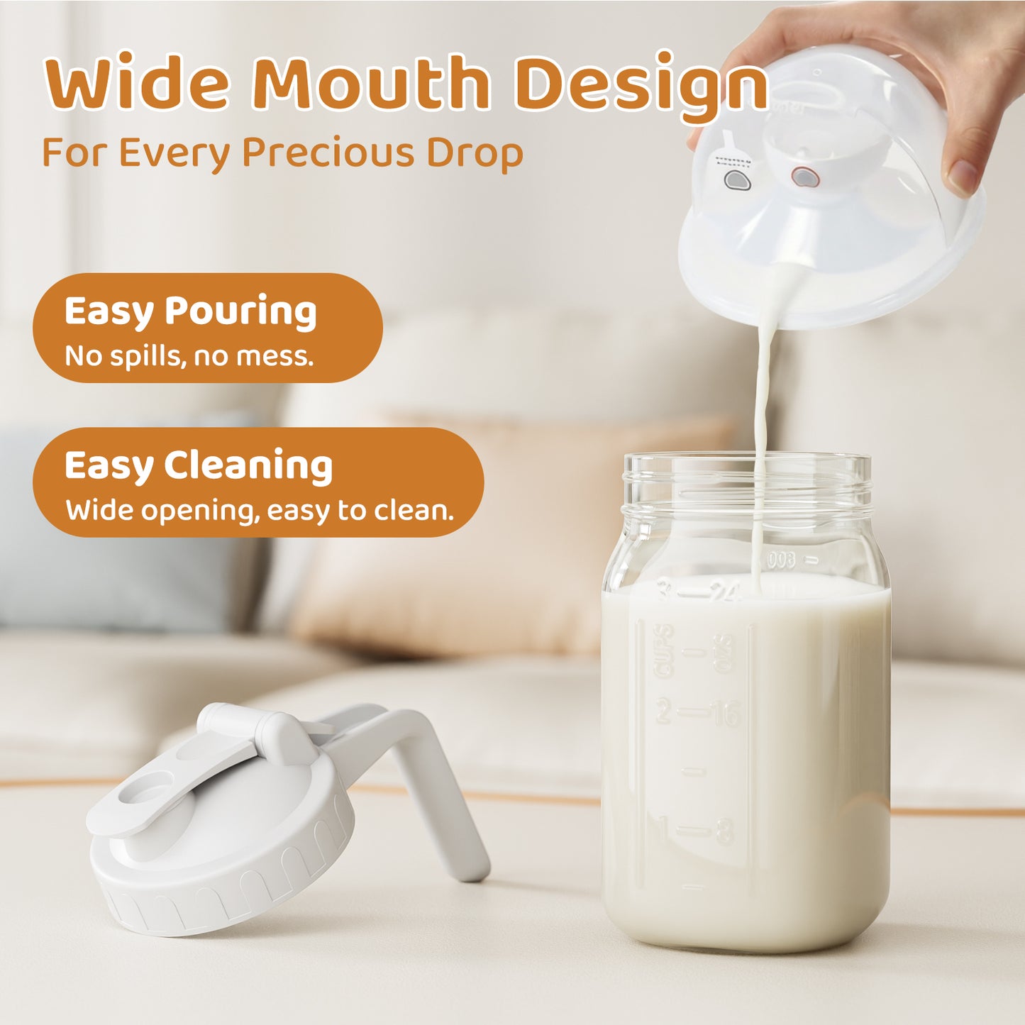 GOSCHE Breast Milk Pitcher Wide Mouth Glass Mason Jar Pitcher Leak Proof Milk Pitcher with Lid and Pour Spout White 32oz