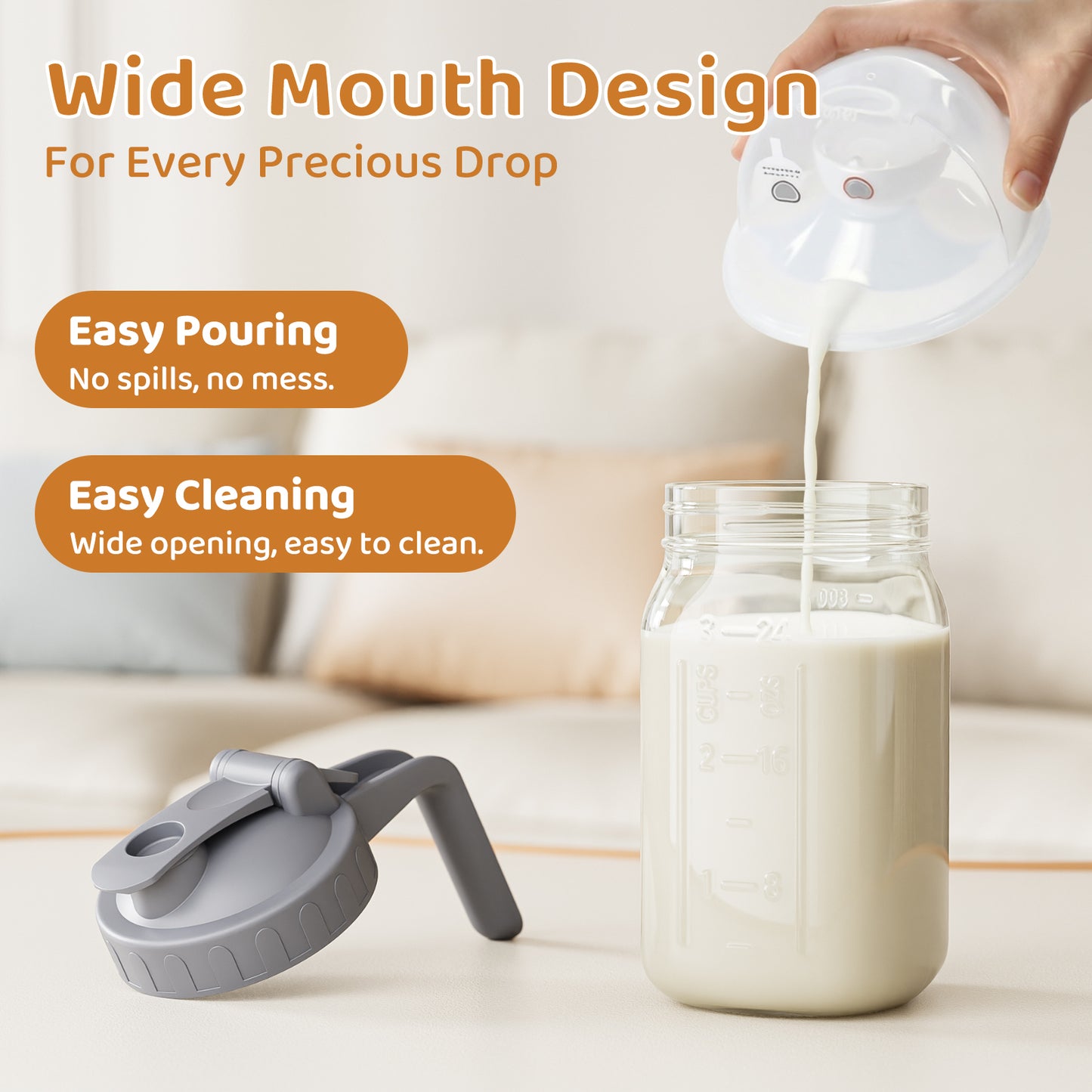 GOSCHE Breast Milk Pitcher Wide Mouth Glass Mason Jar Pitcher Leak Proof Milk Pitcher with Lid and Pour Spout Gray 32oz