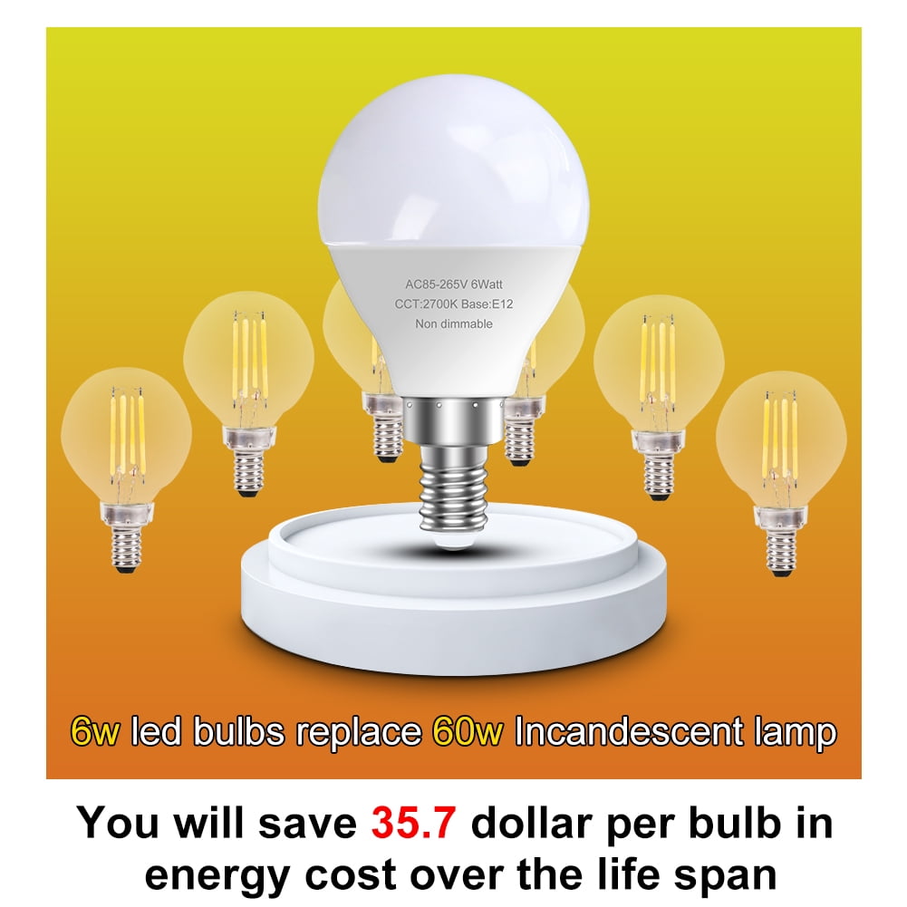 GOSCHE Light Bulbs,E12 led bulb 6 Watts (60 Watts Equivalent), Warm White 2700K, candelabra led light bulbs, A15 / G45 Shape 6 Pack