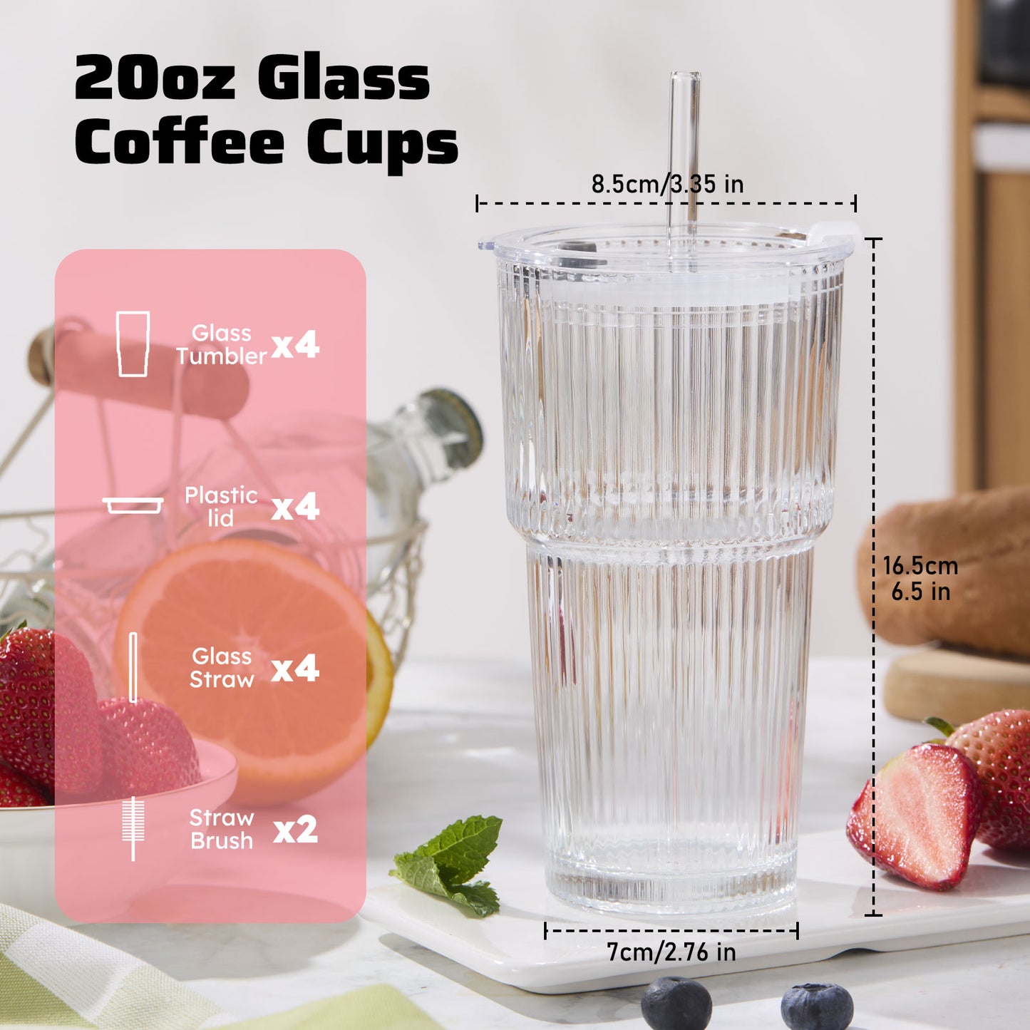 GOSCHE Glass Cups with Lids and Straws 20 oz Ribbed Thickened Glass Tumbler with Cleaning Brushes for Juice Coffee Smoothies Tea 4pcs
