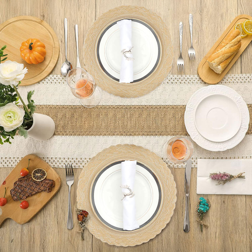 Boho Placemats Set of 6, 15" Round Place Mats with 66" Table Runner, Woven Table Mats Cotton Placemat Boho Kitchen Tabletop Home Decor