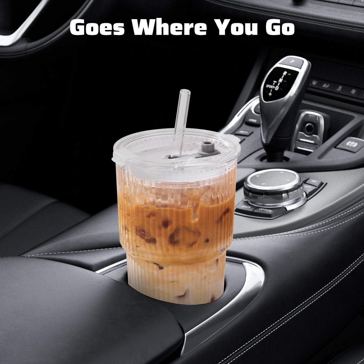 GOSCHE Glass Cups with Lids and Straws 20 oz Ribbed Thickened Glass Tumbler with Cleaning Brushes for Juice Coffee Smoothies Tea 2pcs