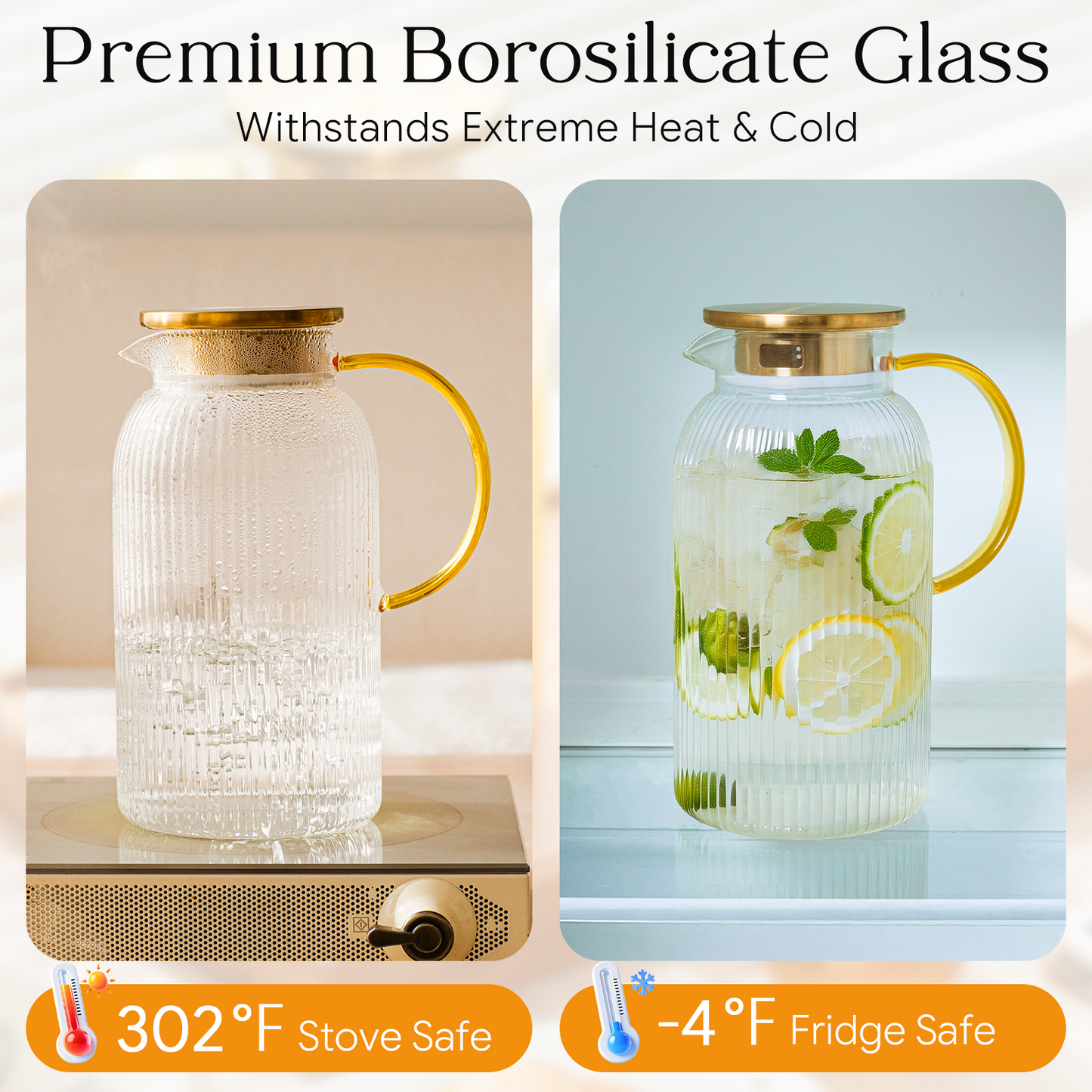 GOSCHE 68oz 2 Pack Glass Pitcher with Lid and Handle Classic Stripes Glass Water Pitcher with Spout for Cold and Hot Beverage, Iced Tea, Juice, Lemonade, Coffee