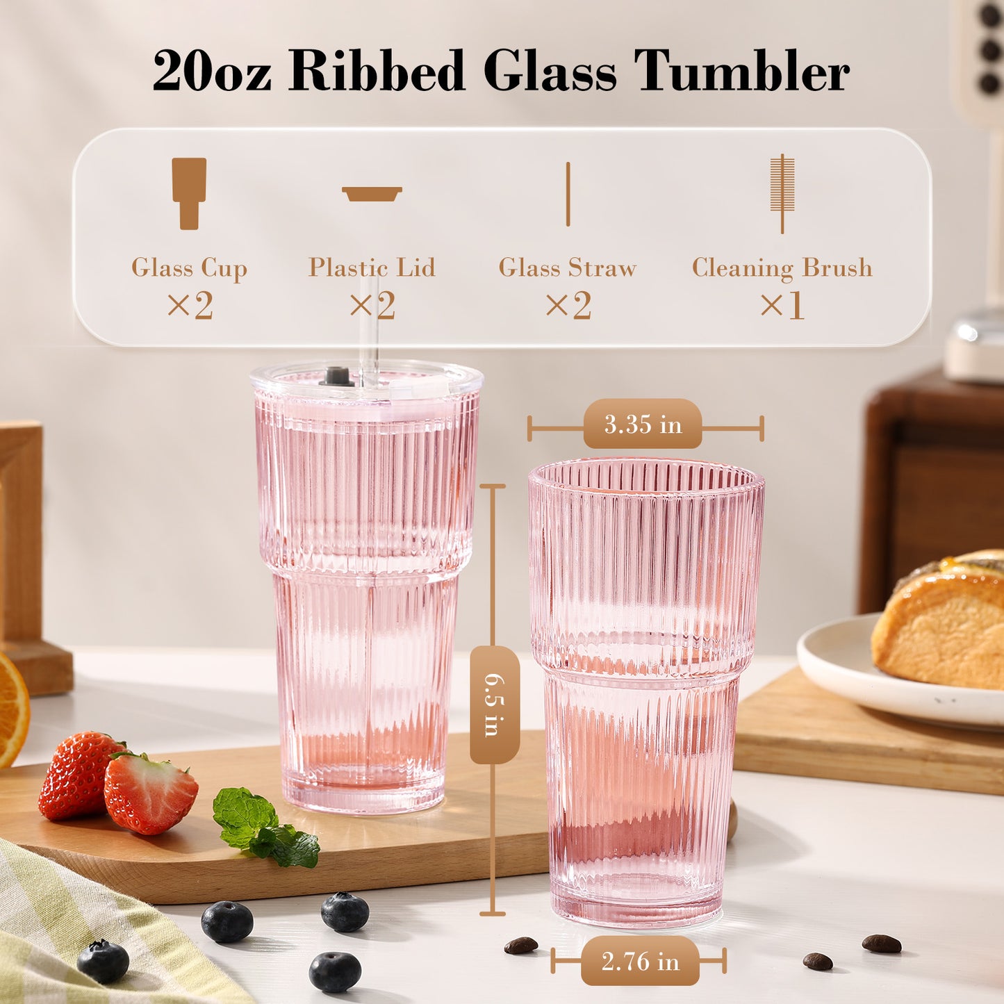 20oz Pink Glass Cups with Lids and Straws, Ribbed Set of 2 | GOSCHE