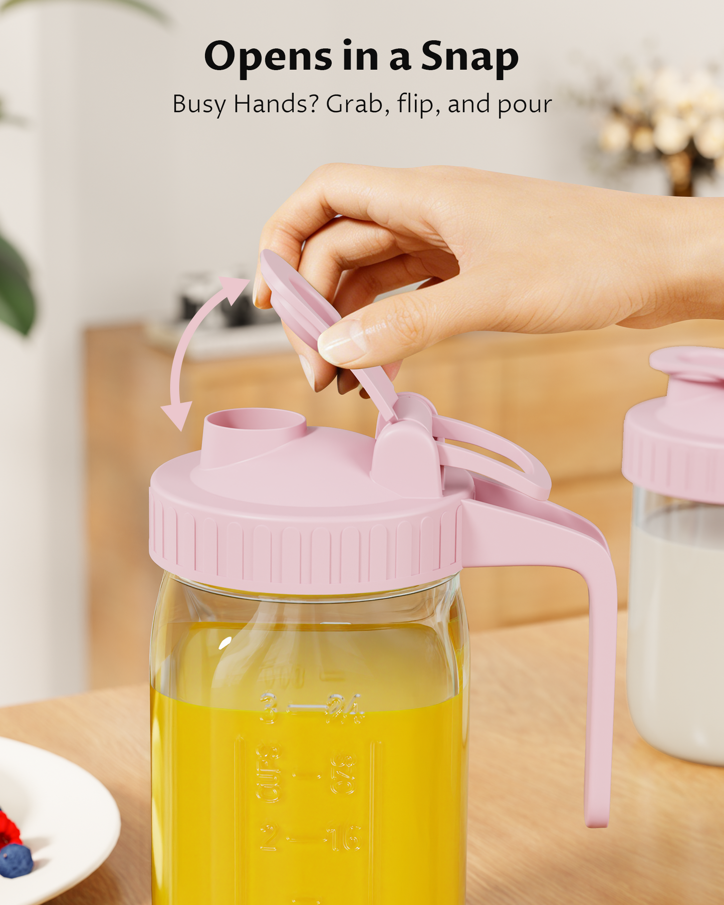 GOSCHE Mason Jar Pour Spout Lid Flip Cap Airtight Wide Mouth Mason Jar Lids with Handle for Drinking Leak Proof 2 Pack Purple Pink