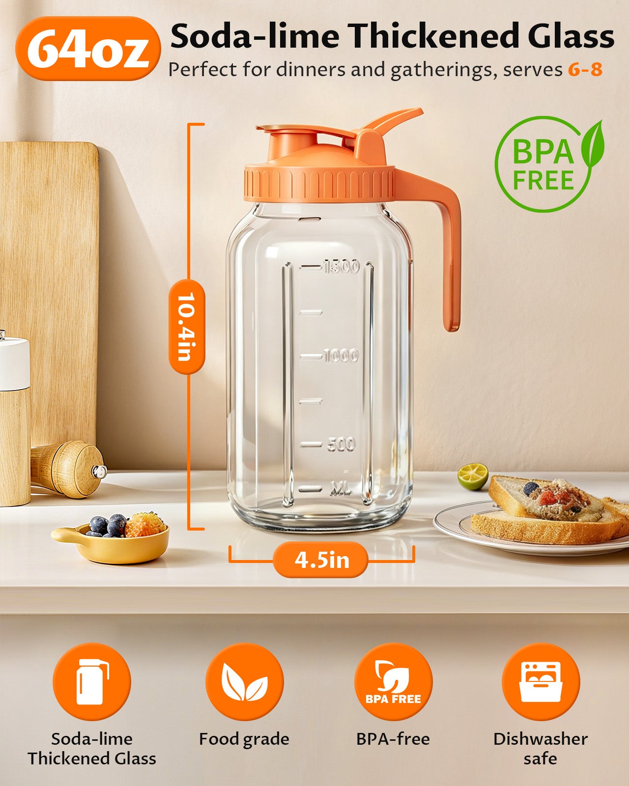 GOSCHE 2 Pack 64oz Glass Pitcher with Lid and Spout Leak Proof Mason Jar Pitcher with Handle for Fridge Juice Beverage Iced Tea Coffee White Orange