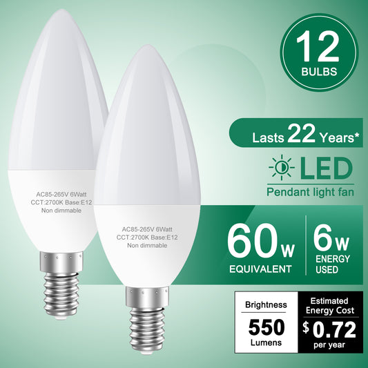 GOSCHE 12-Pack E12 C37 LED Ceiling Fan Light Bulbs, 60 Watts Equivalent, 2700K Daylight, Type B Light Bulb for Chandelier, Non-Dimmable