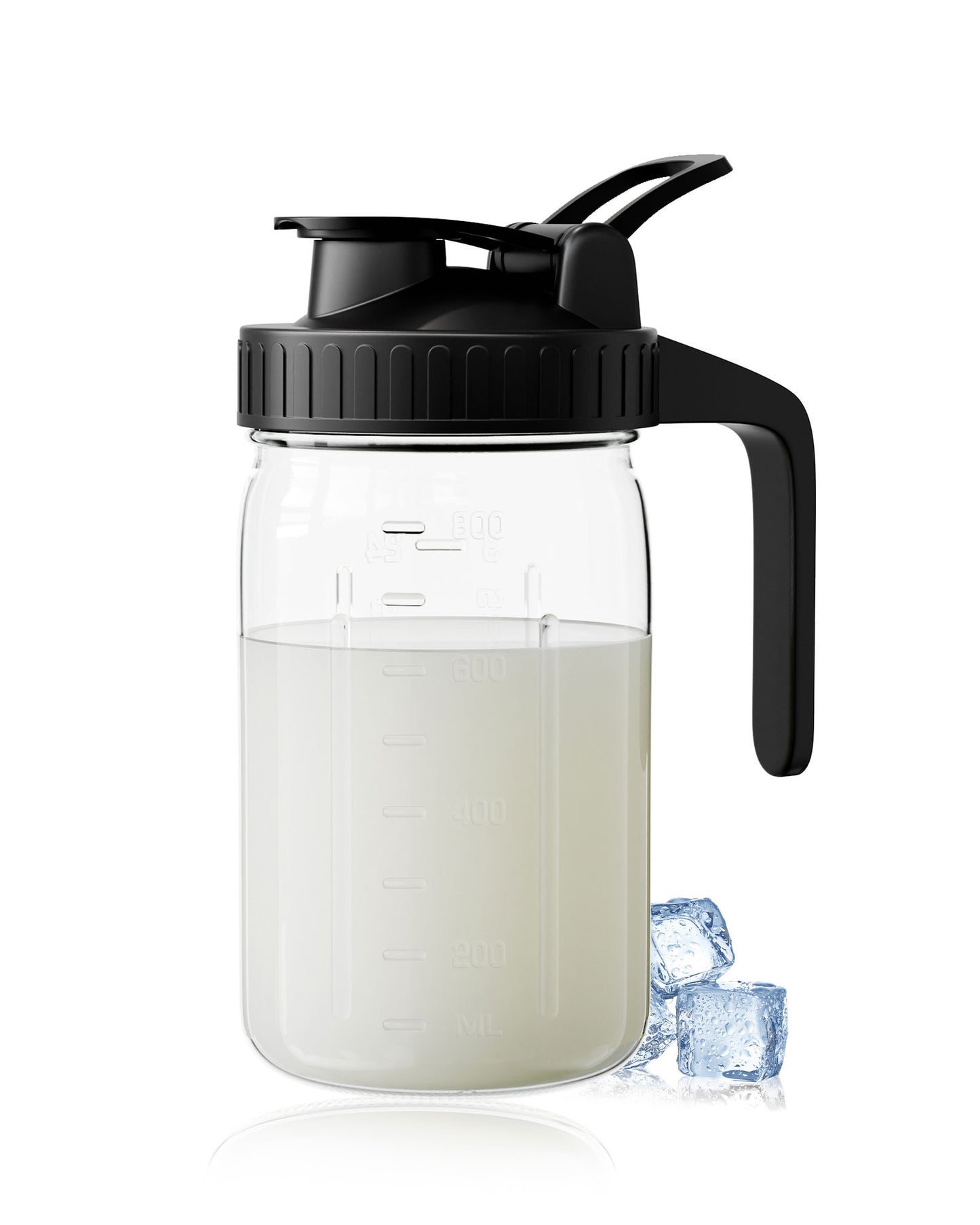GOSCHE Breast Milk Pitcher Wide Mouth Glass Mason Jar Pitcher Leak Proof Milk Pitcher with Lid and Pour Spout Black 32oz
