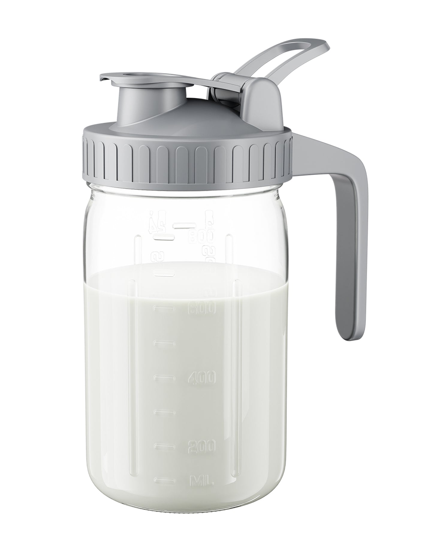 GOSCHE Breast Milk Pitcher Wide Mouth Glass Mason Jar Pitcher Leak Proof Milk Pitcher with Lid and Pour Spout Gray 32oz