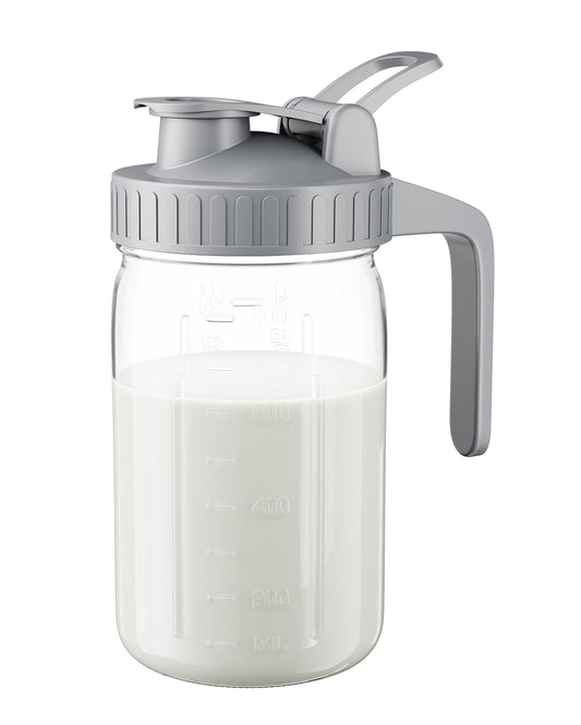 GOSCHE Breast Milk Pitcher Wide Mouth Glass Mason Jar Pitcher Leak Proof Milk Pitcher with Lid and Pour Spout Gray 32oz