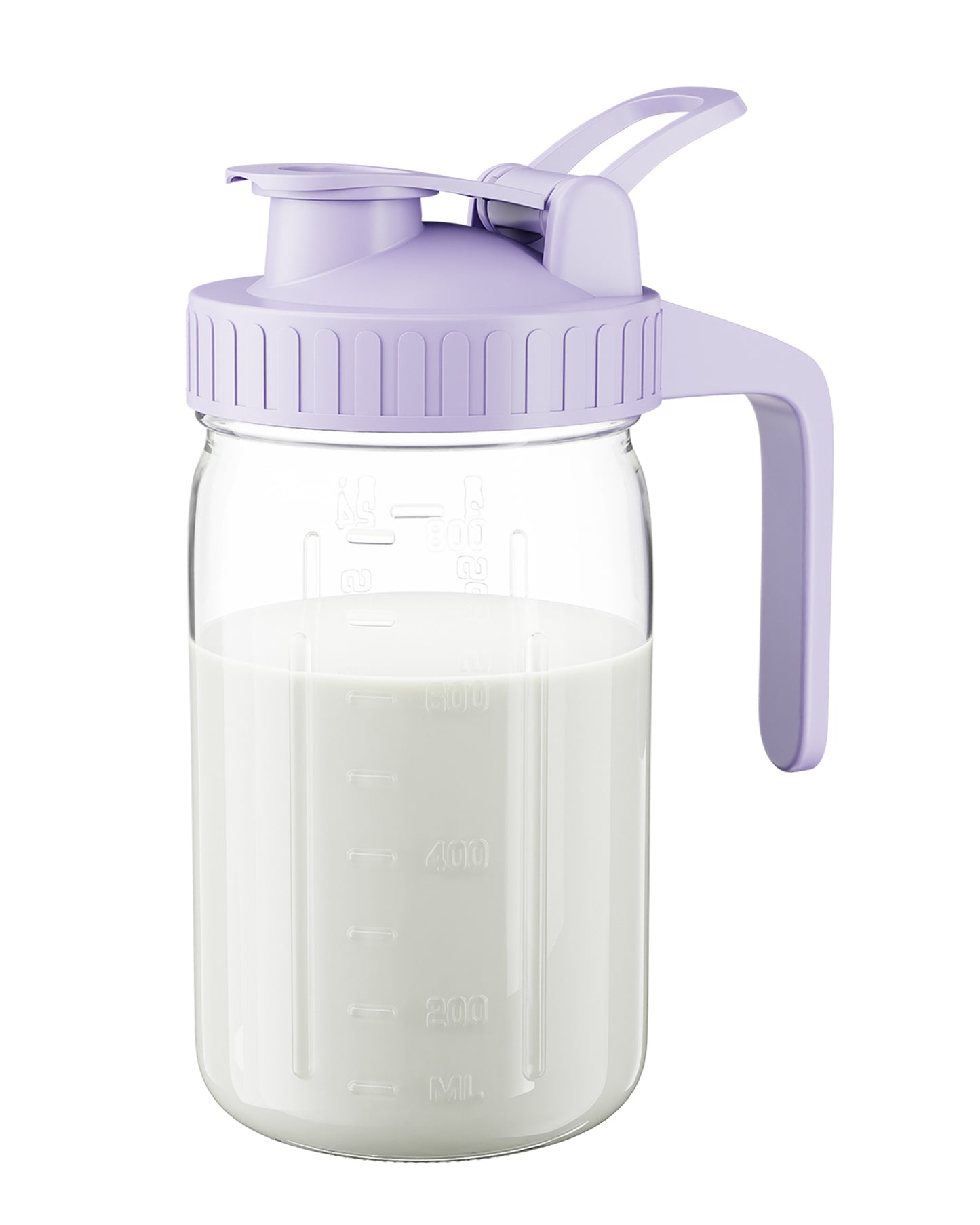 GOSCHE Breast Milk Pitcher Wide Mouth Glass Mason Jar Pitcher Leak Proof Milk Pitcher with Lid and Pour Spout Purple 32oz