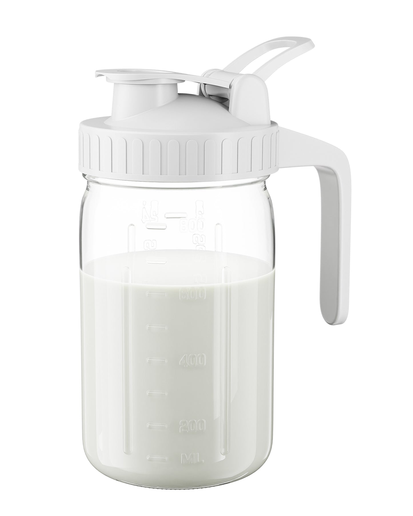 GOSCHE Breast Milk Pitcher Wide Mouth Glass Mason Jar Pitcher Leak Proof Milk Pitcher with Lid and Pour Spout White 32oz