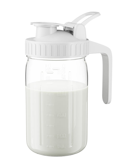 GOSCHE Breast Milk Pitcher Wide Mouth Glass Mason Jar Pitcher Leak Proof Milk Pitcher with Lid and Pour Spout White 32oz