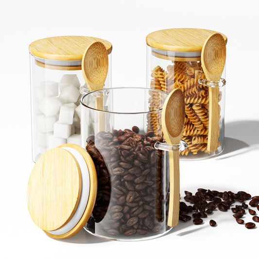 GOSCHE Glass Jars with Lids and Spoon 15oz Food Canisters for Cookie Sugar Spice Coffee Beans Tea Flour Nuts Candy Oat Set of 3