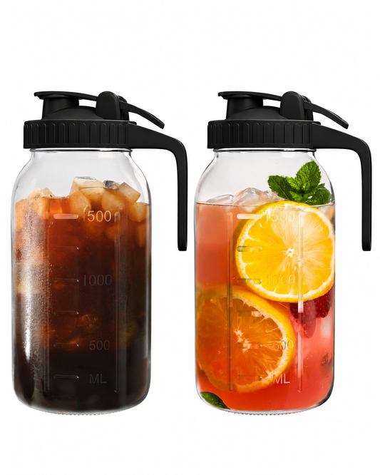 GOSCHE 2 Pack 64oz Glass Pitcher with Lid and Spout Leak Proof Mason Jar Pitcher with Handle for Fridge Juice Beverage Iced Tea Coffee Black