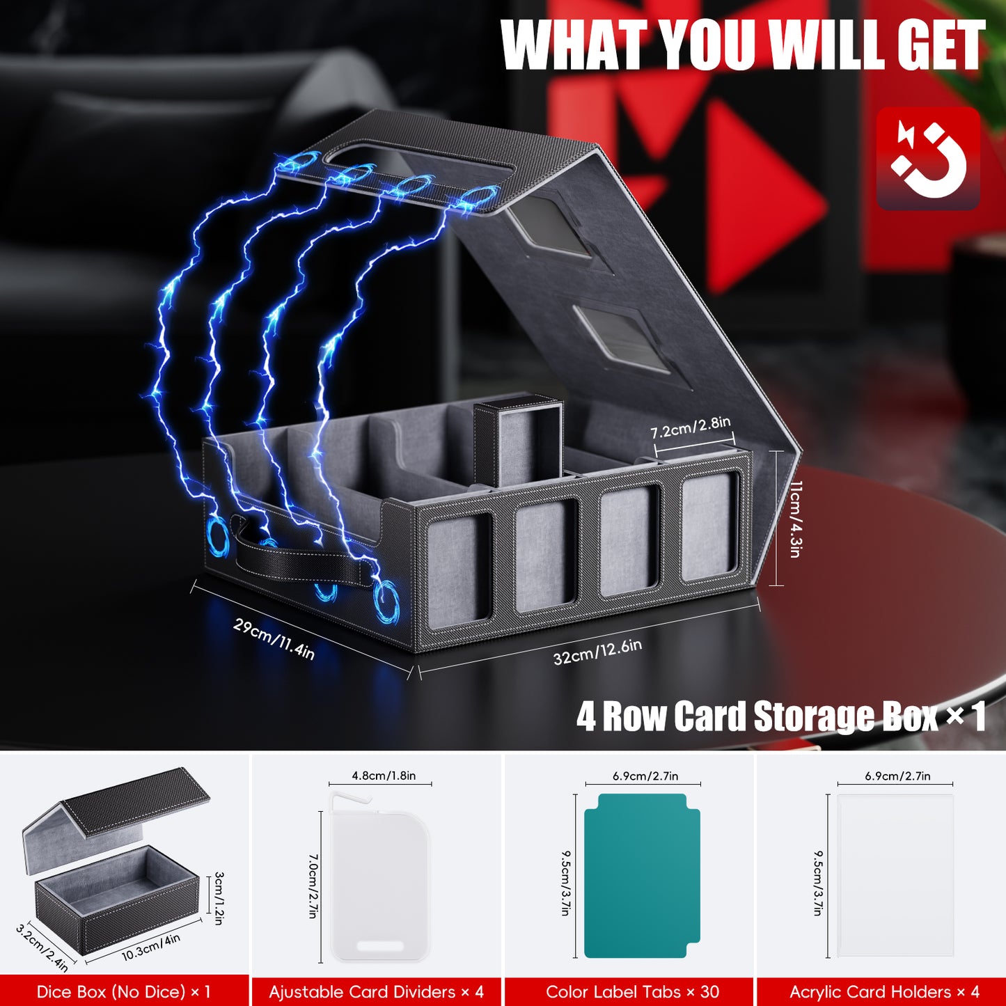 GOSCHE Trading Card Storage Box 3500+ Magnetic MTG Deck Box with Dividers and Color Labels Fits For TCG MTG Sport Cards (Black Gray)