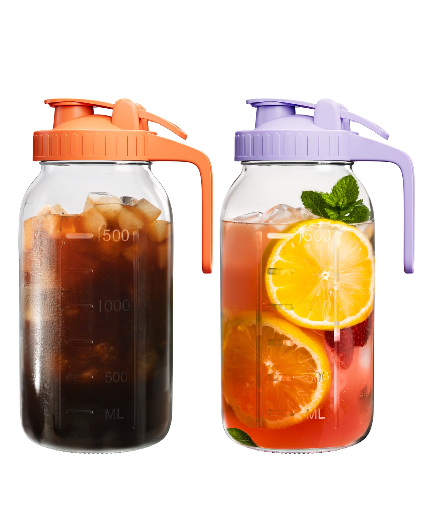 GOSCHE 2 Pack 64oz Glass Pitcher with Lid and Spout Leak Proof Mason Jar Pitcher with Handle for Fridge Juice Beverage Iced Tea Coffee Purple Orange