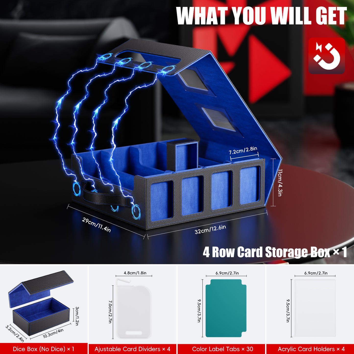 GOSCHE Trading Card Storage Box 3500+ Magnetic MTG Deck Box with Dividers and Color Labels Fits For TCG MTG Sport Cards (Black Blue)
