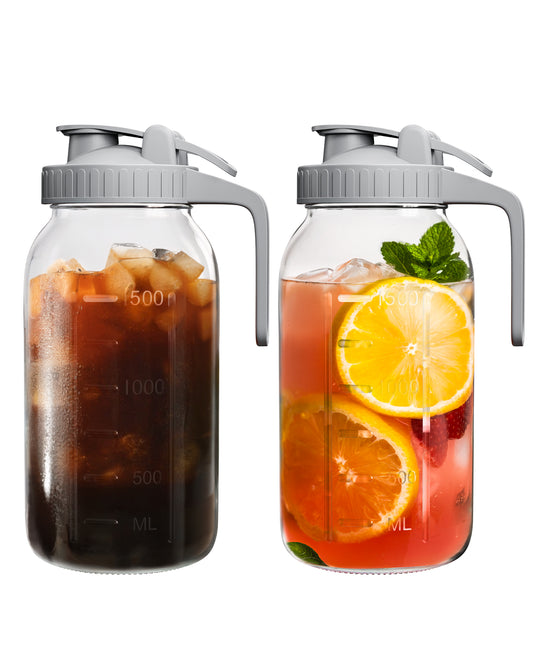 GOSCHE 2 Pack 64oz Glass Pitcher with Lid and Spout Leak Proof Mason Jar Pitcher with Handle for Fridge Juice Beverage Iced Tea Coffee Gray