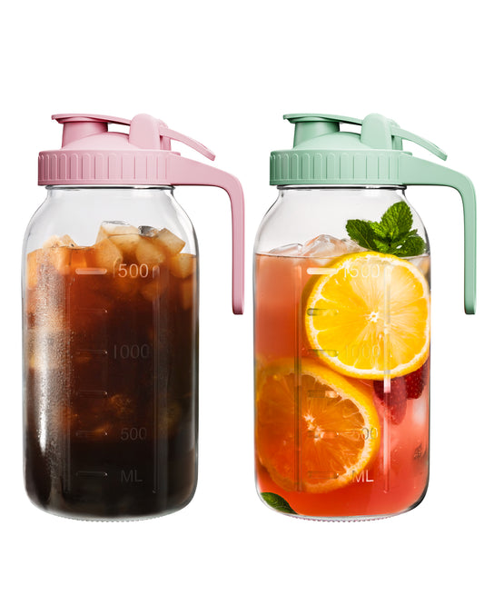 GOSCHE 2 Pack 64oz Glass Pitcher with Lid and Spout Leak Proof Mason Jar Pitcher with Handle for Fridge Juice Beverage Iced Tea Coffee Pink Green