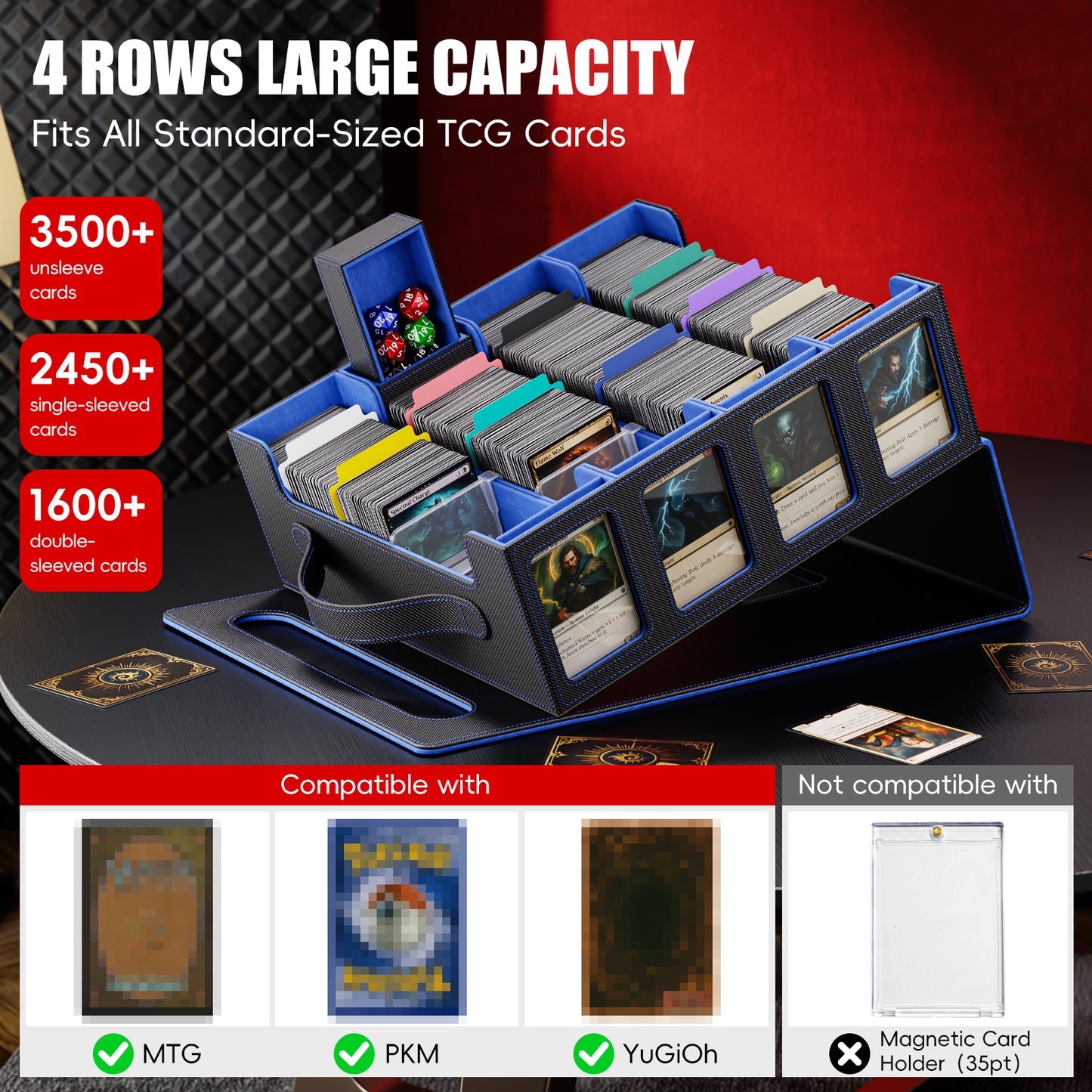 GOSCHE Trading Card Storage Box 3500+ Magnetic MTG Deck Box with Dividers and Color Labels Fits For TCG MTG Sport Cards (Black Blue)