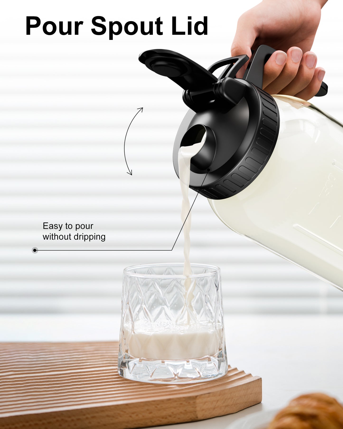 GOSCHE Breast Milk Pitcher Wide Mouth Glass Mason Jar Pitcher Leak Proof Milk Pitcher with Lid and Pour Spout Black 32oz
