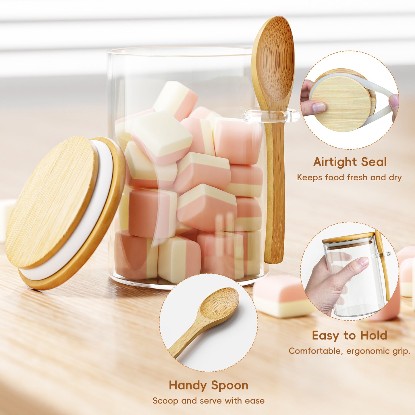 GOSCHE Glass Jars with Lids and Spoon 15oz Food Canisters for Cookie Sugar Spice Coffee Beans Tea Flour Nuts Candy Oat Set of 3