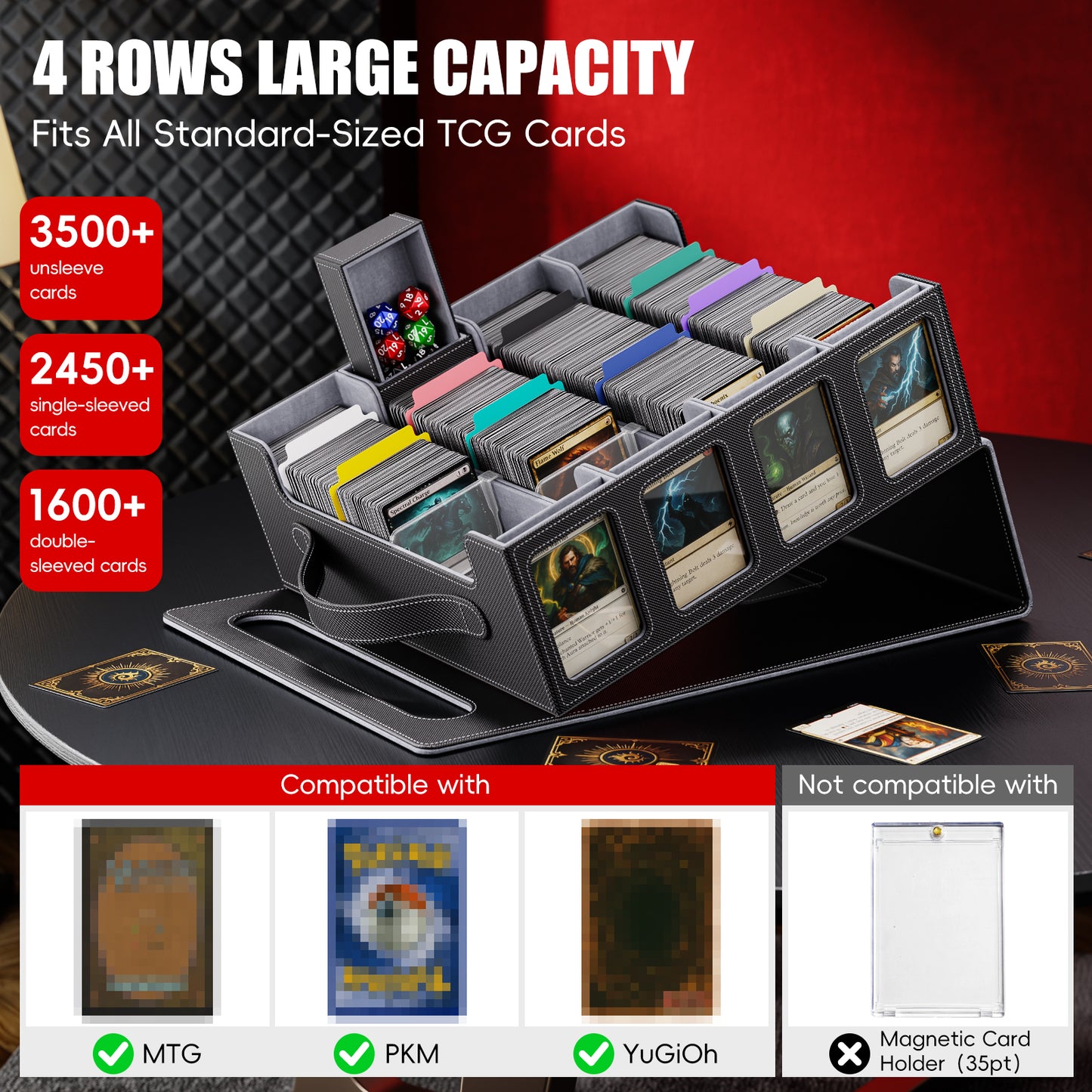GOSCHE Trading Card Storage Box 3500+ Magnetic MTG Deck Box with Dividers and Color Labels Fits For TCG MTG Sport Cards (Black Gray)