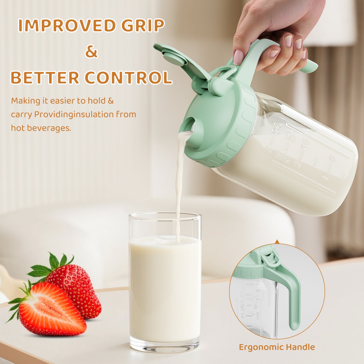 GOSCHE Breast Milk Pitcher,Wide Mouth Glass Mason Jar Pitcher with Green Flip Cap Lid and Pour Spout, Airtight Seal for Freshness and Safe Milk, 32oz