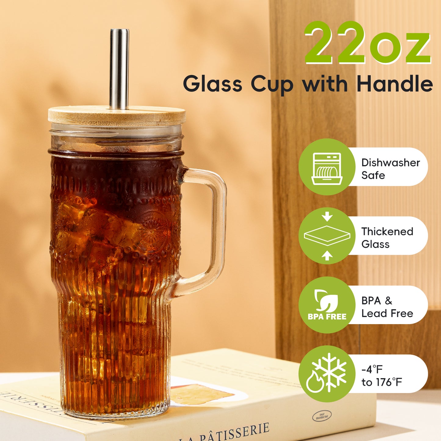 GOSCHE Glass Cups with Lids and Straws 22oz Glass Tumbler with Handle Cleaning Brushes for Juice Coffee Smoothies Tea 2pcs
