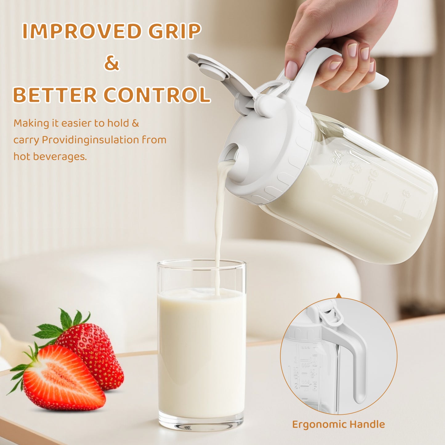 GOSCHE Breast Milk Pitcher Wide Mouth Glass Mason Jar Pitcher Leak Proof Milk Pitcher with Lid and Pour Spout White 32oz
