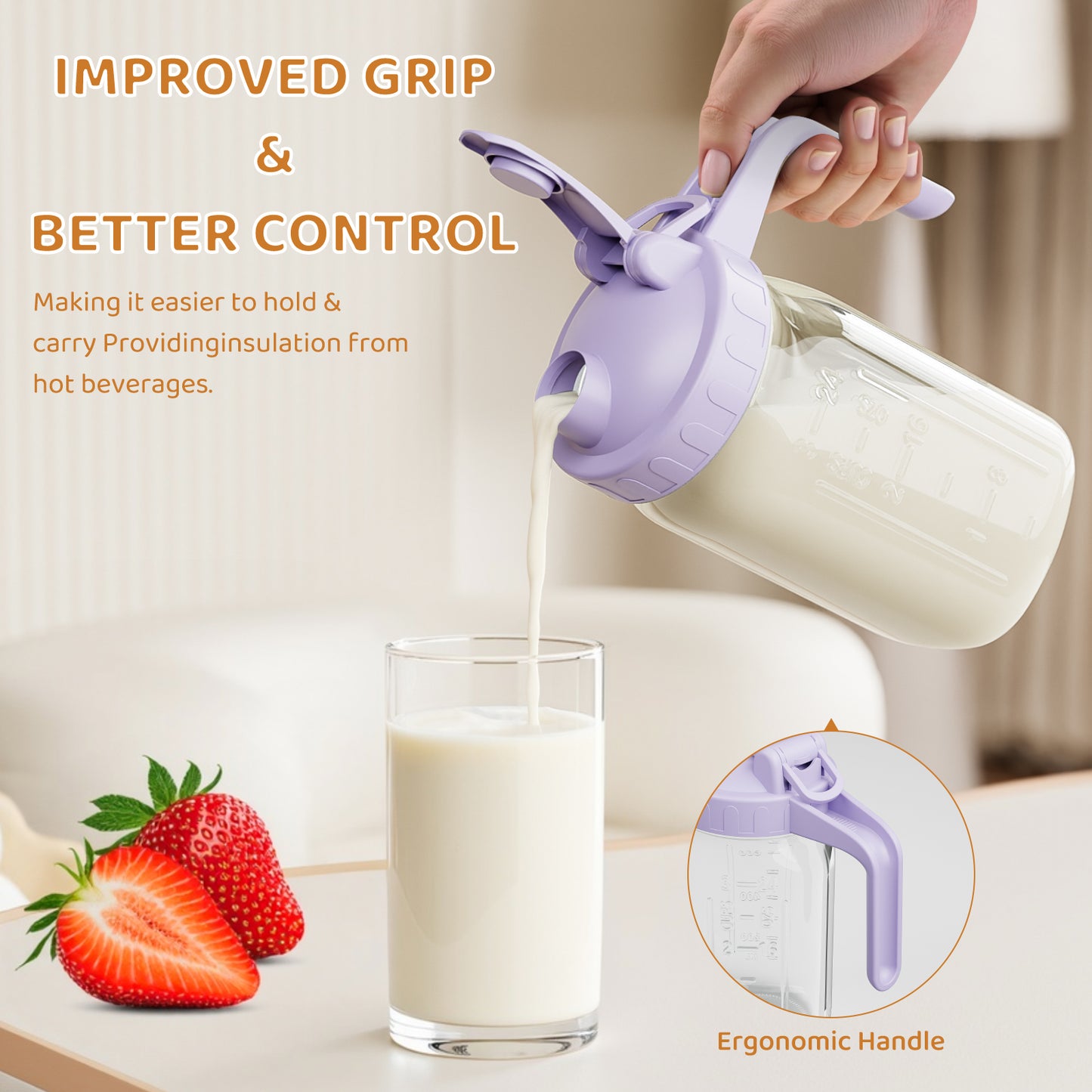 GOSCHE Breast Milk Pitcher Wide Mouth Glass Mason Jar Pitcher Leak Proof Milk Pitcher with Lid and Pour Spout Purple 32oz