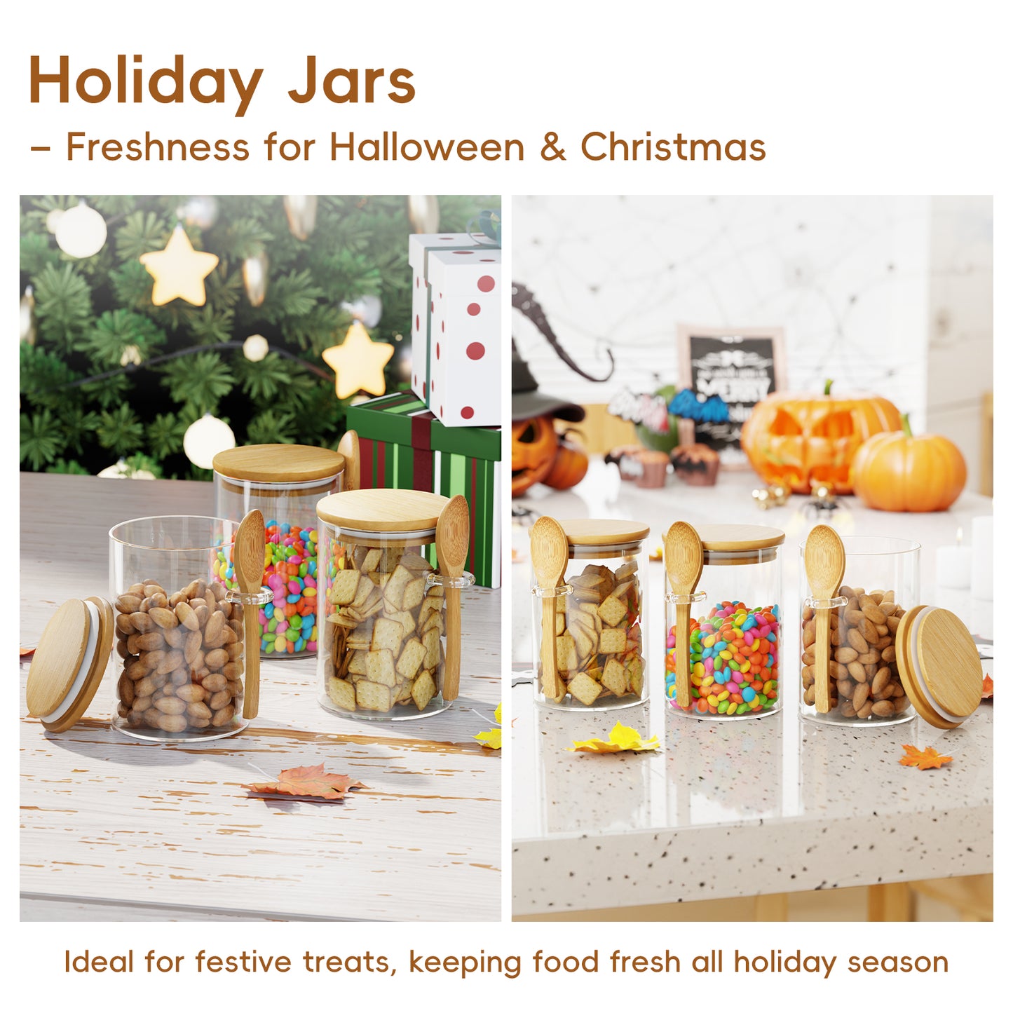 GOSCHE Glass Jars with Lids and Spoon 15oz Food Canisters for Cookie Sugar Spice Coffee Beans Tea Flour Nuts Candy Oat Set of 3