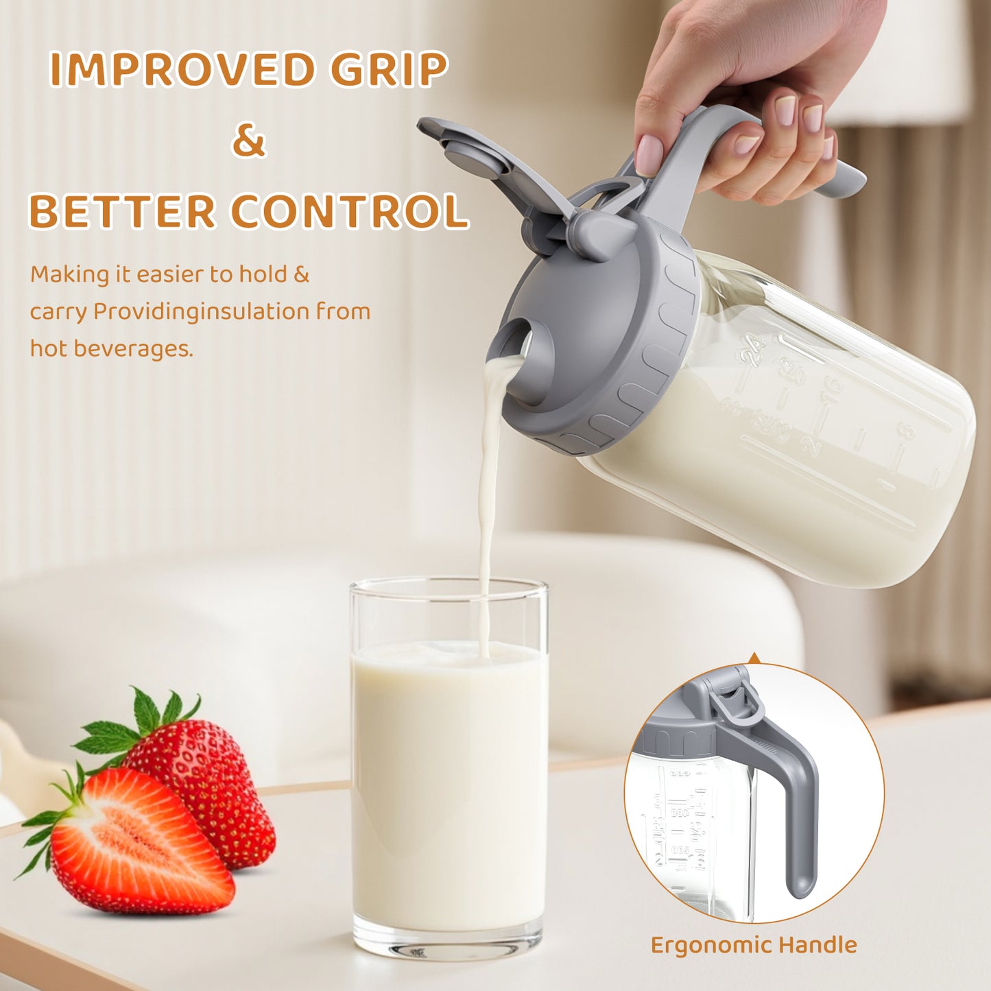 GOSCHE Breast Milk Pitcher Wide Mouth Glass Mason Jar Pitcher Leak Proof Milk Pitcher with Lid and Pour Spout Gray 32oz