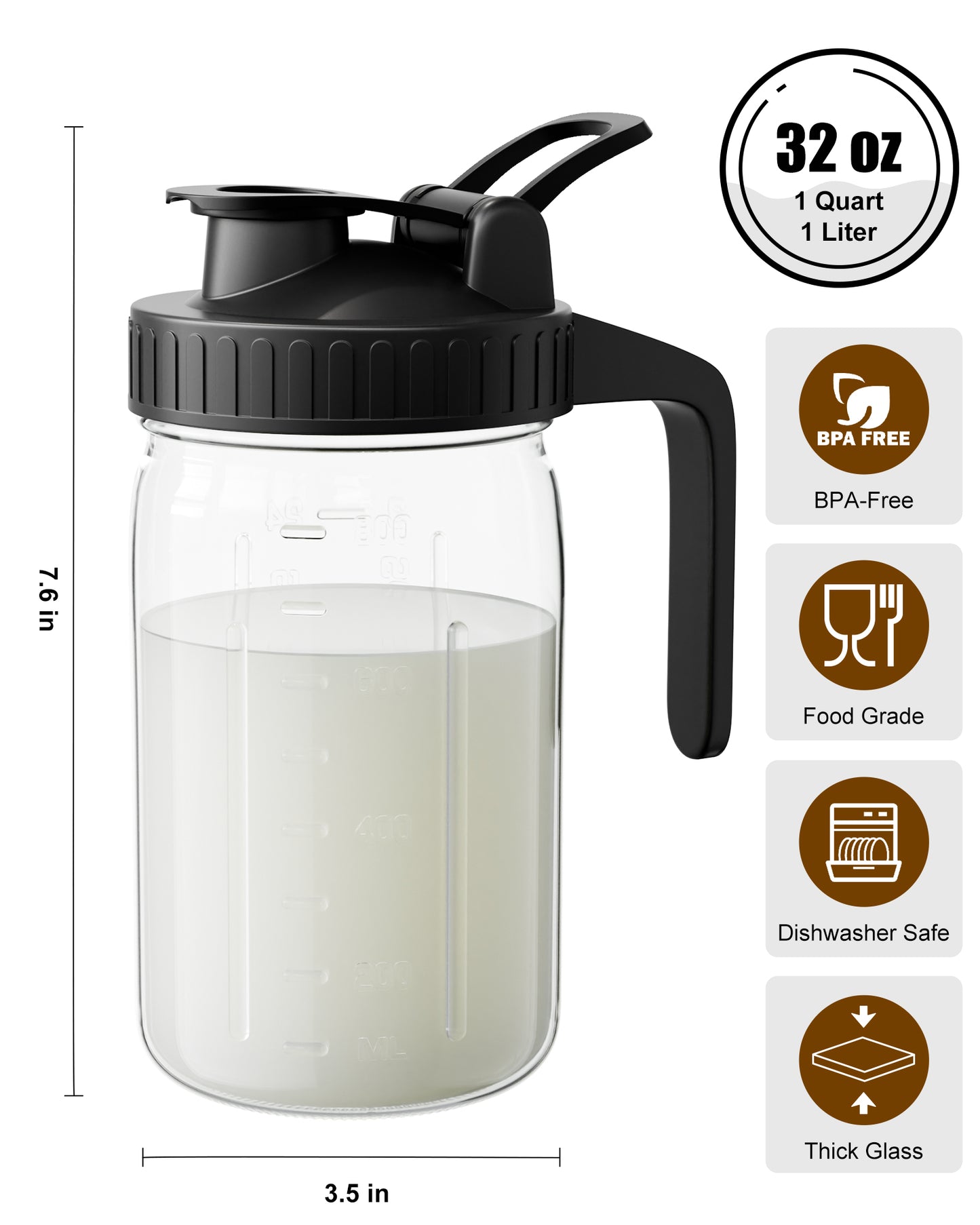 GOSCHE Breast Milk Pitcher Wide Mouth Glass Mason Jar Pitcher Leak Proof Milk Pitcher with Lid and Pour Spout Black 32oz