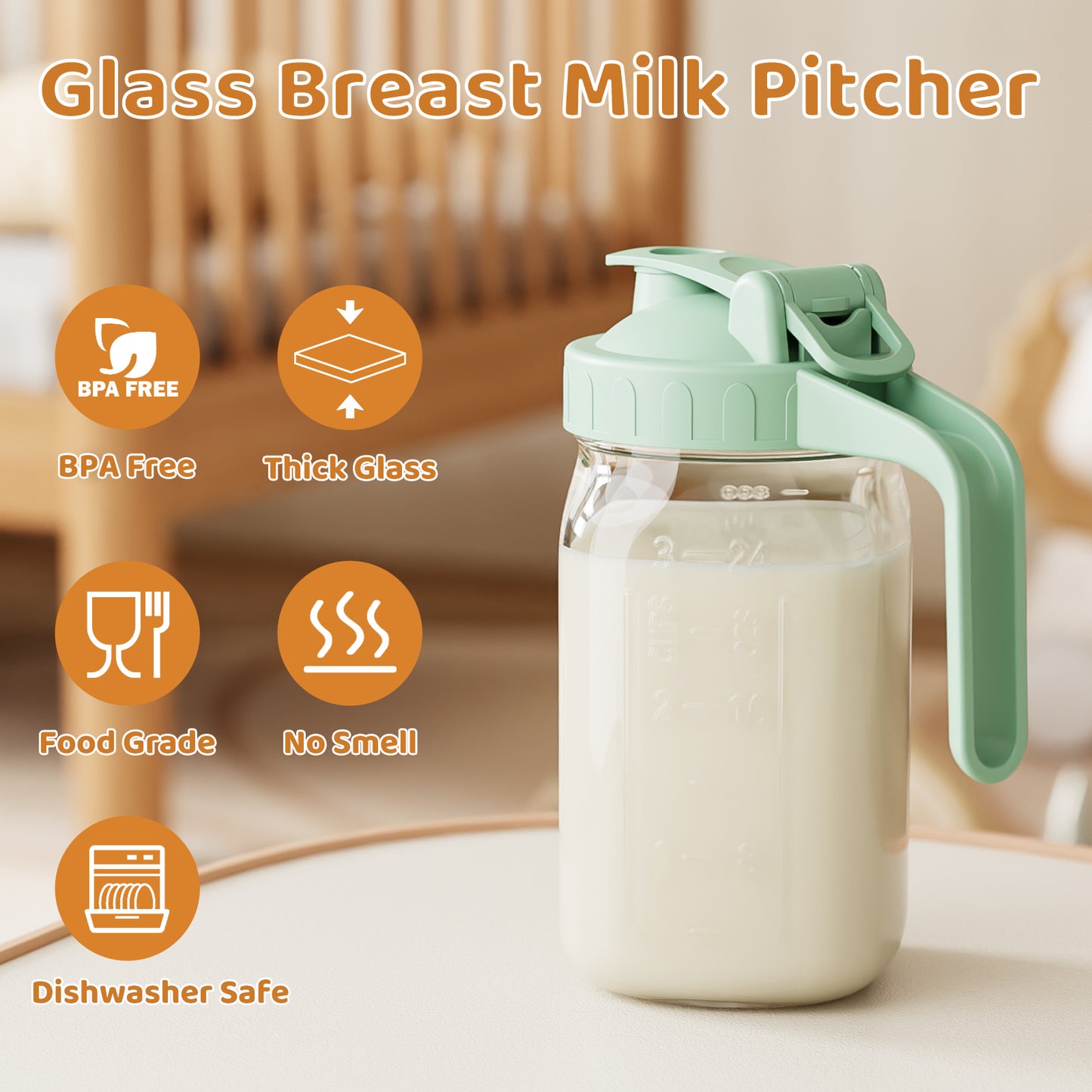 GOSCHE Breast Milk Pitcher,Wide Mouth Glass Mason Jar Pitcher with Green Flip Cap Lid and Pour Spout, Airtight Seal for Freshness and Safe Milk, 32oz