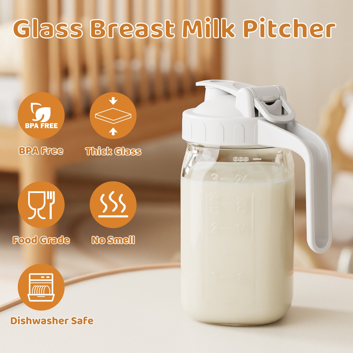 GOSCHE Breast Milk Pitcher Wide Mouth Glass Mason Jar Pitcher Leak Proof Milk Pitcher with Lid and Pour Spout White 32oz