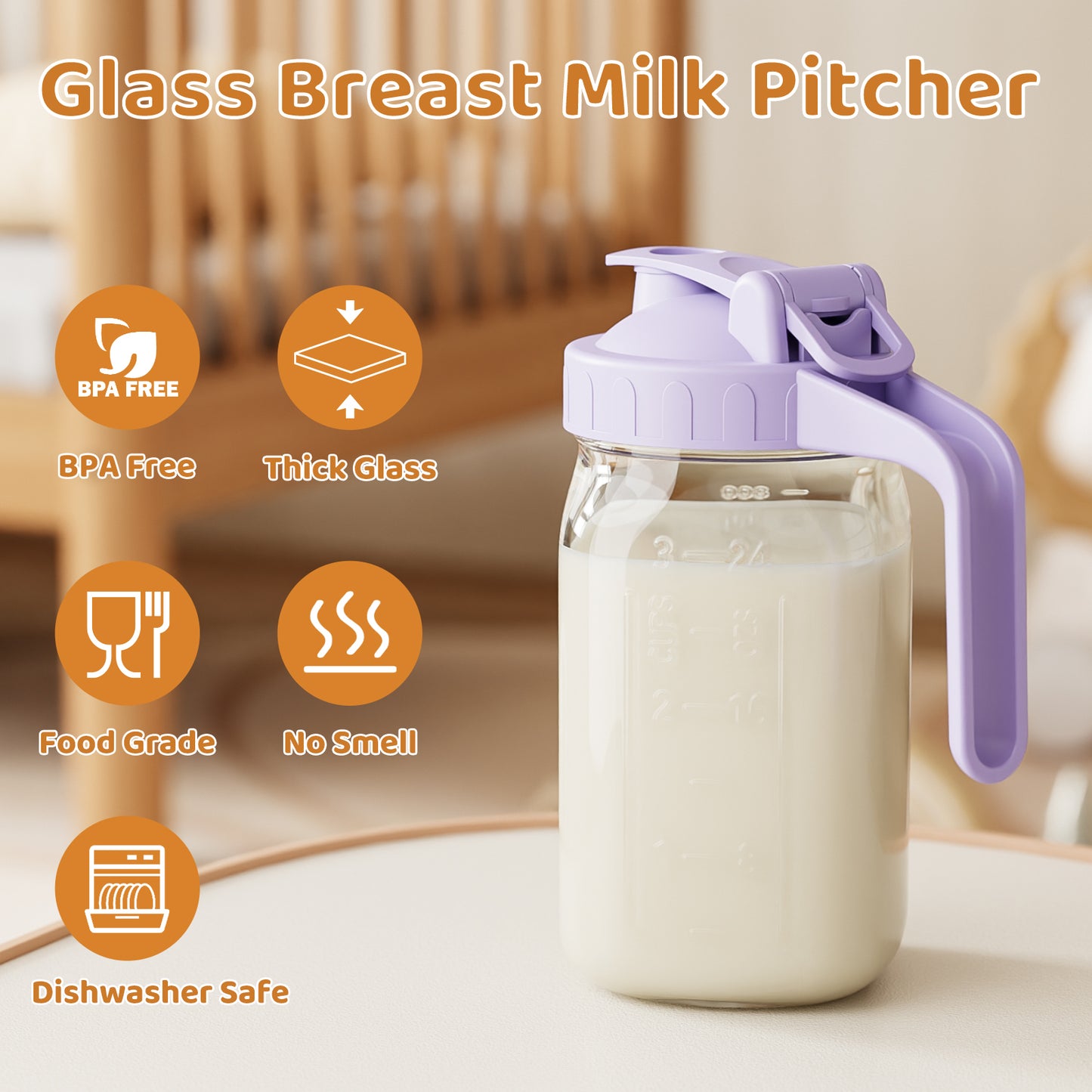 GOSCHE Breast Milk Pitcher Wide Mouth Glass Mason Jar Pitcher Leak Proof Milk Pitcher with Lid and Pour Spout Purple 32oz