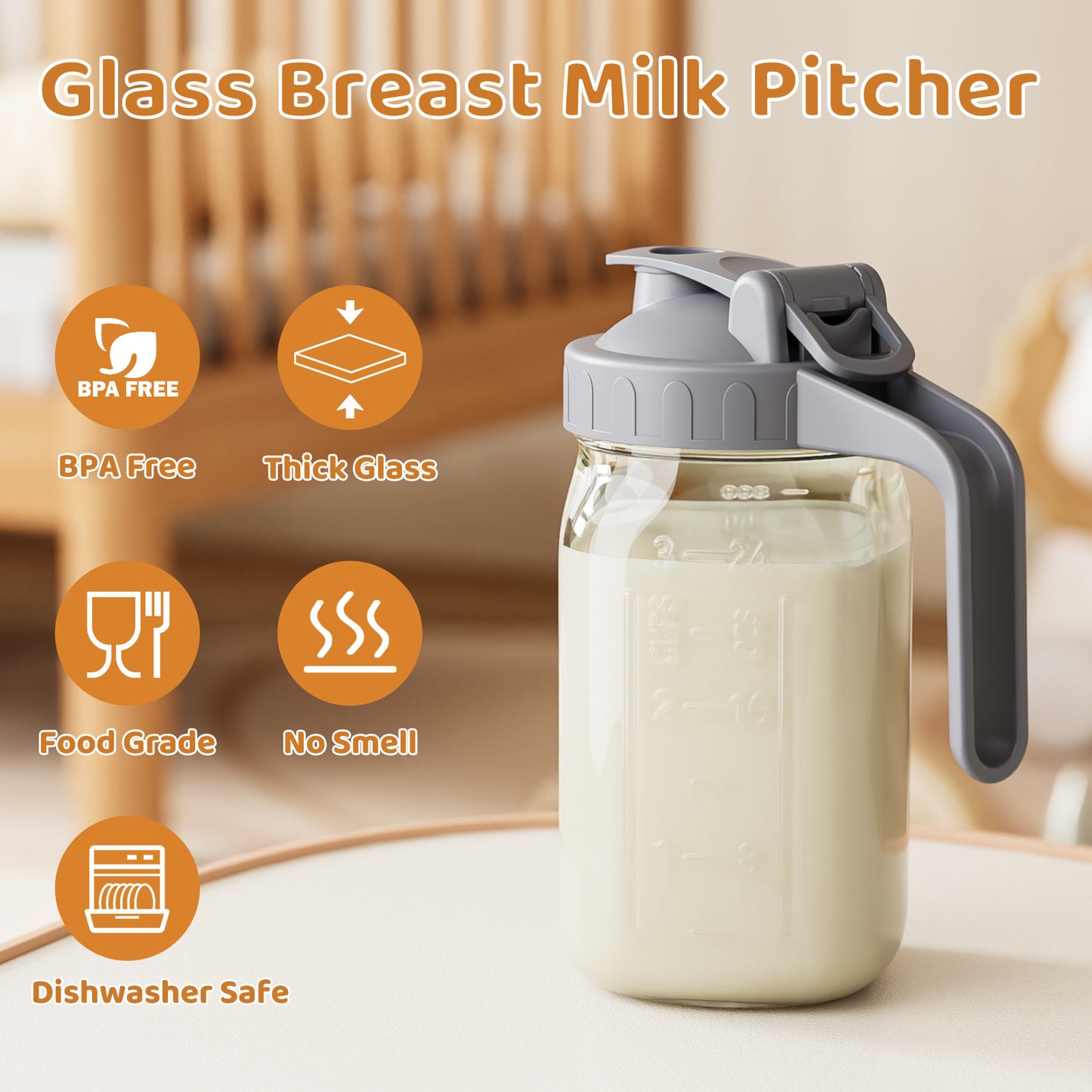 GOSCHE Breast Milk Pitcher Wide Mouth Glass Mason Jar Pitcher Leak Proof Milk Pitcher with Lid and Pour Spout Gray 32oz