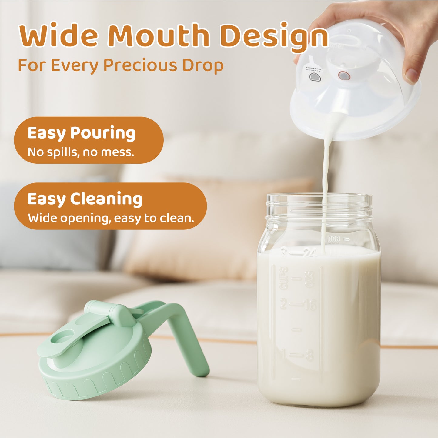 GOSCHE Breast Milk Pitcher,Wide Mouth Glass Mason Jar Pitcher with Green Flip Cap Lid and Pour Spout, Airtight Seal for Freshness and Safe Milk, 32oz