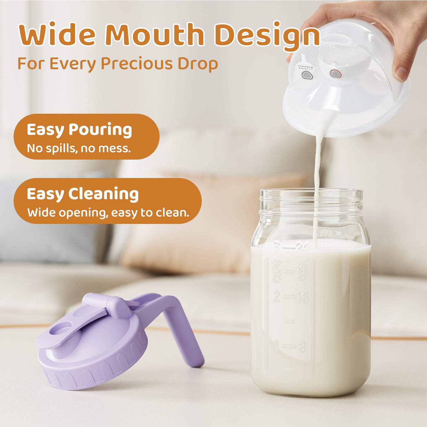 GOSCHE Breast Milk Pitcher Wide Mouth Glass Mason Jar Pitcher Leak Proof Milk Pitcher with Lid and Pour Spout Purple 32oz