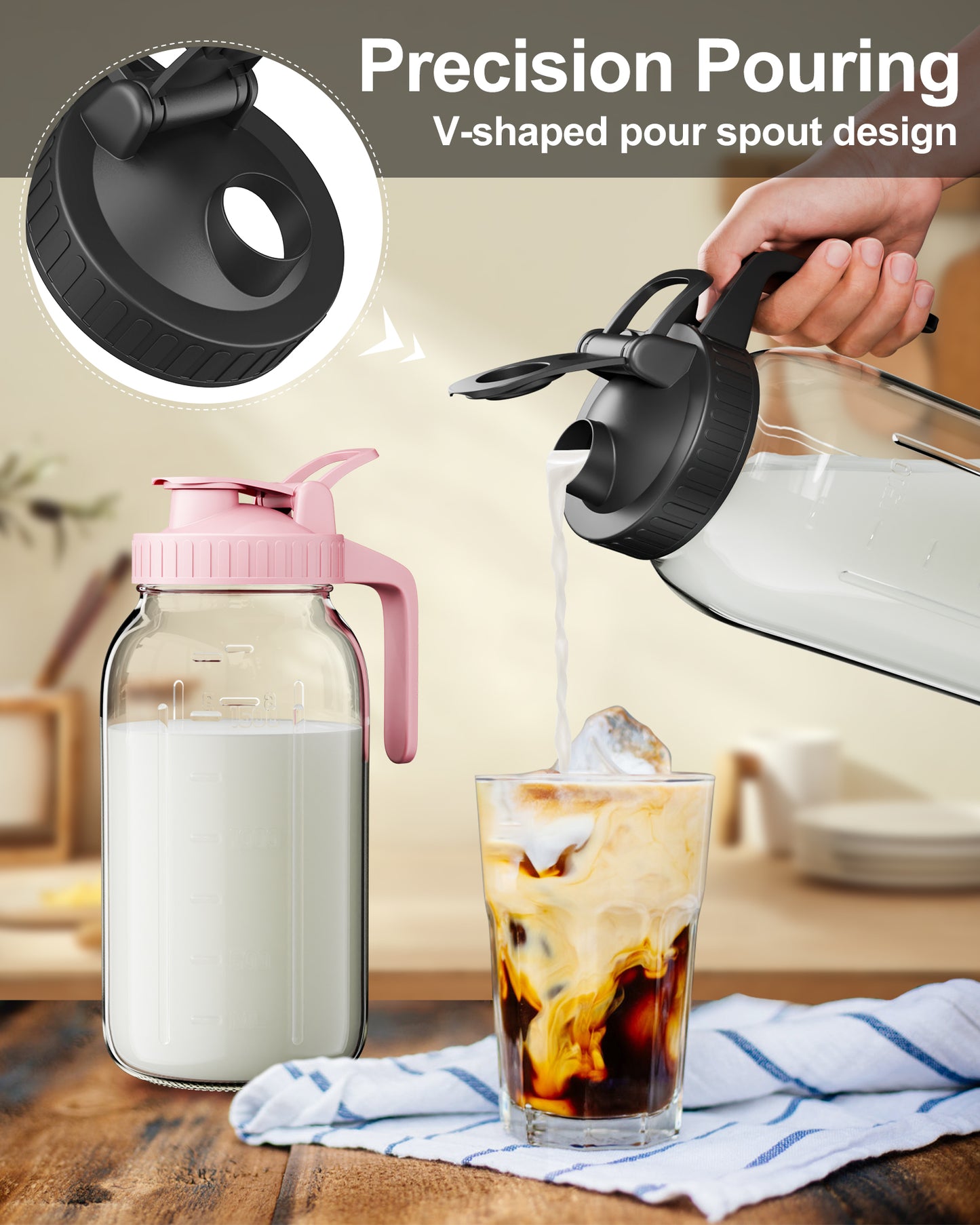 GOSCHE Breast Milk Pitcher Wide Mouth Glass Mason Jar Pitcher Leak Proof Milk Pitcher with Lid and Pour Spout Black 32oz
