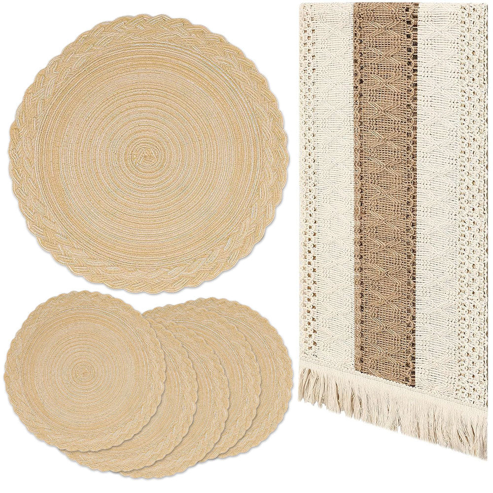 Boho Placemats Set of 6, 15" Round Place Mats with 66" Table Runner, Woven Table Mats Cotton Placemat Boho Kitchen Tabletop Home Decor