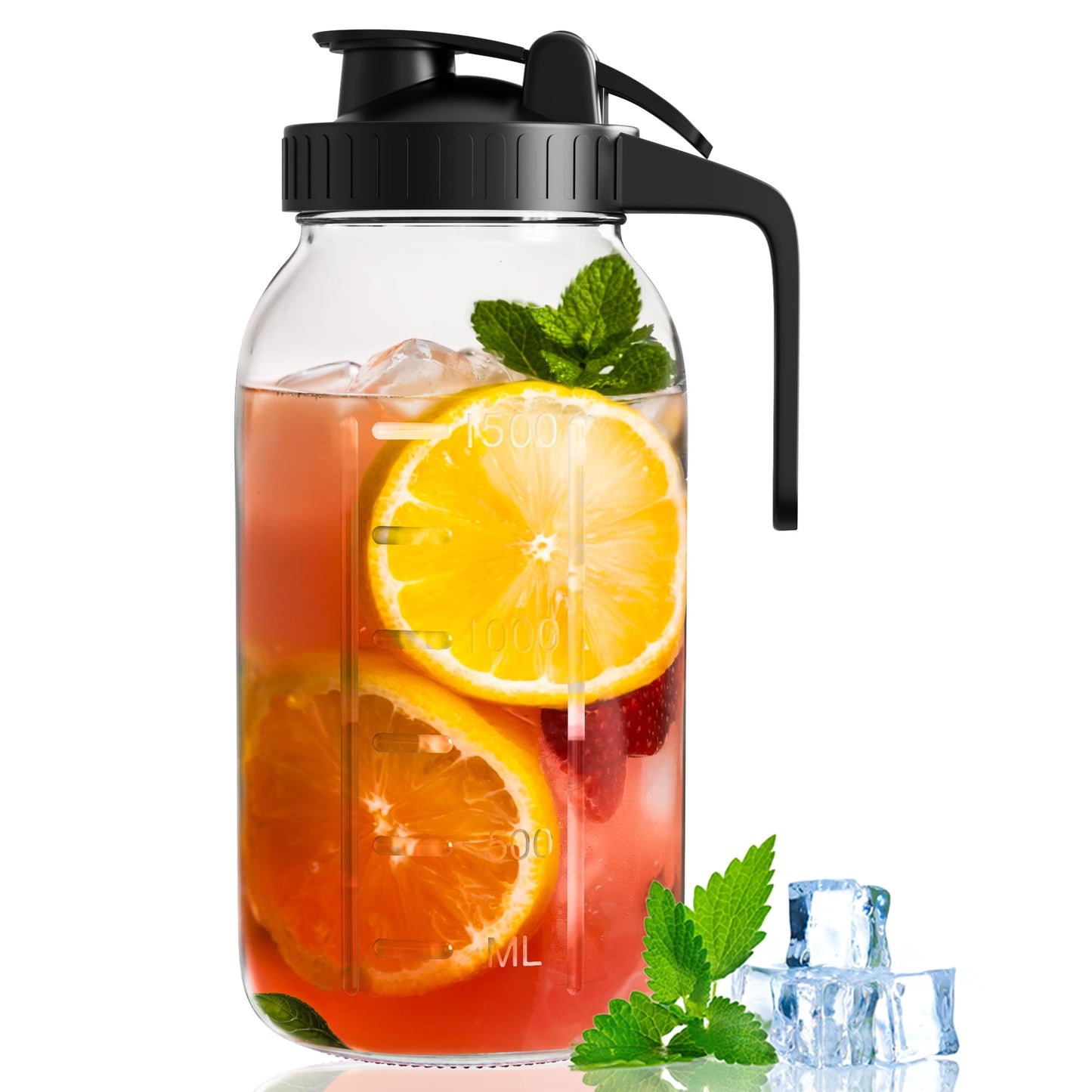 GOSCHE Glass Pitcher, 64 oz Large Mason Jar Pitcher with Lid and Spout, Pitcher with Lid for Cold Brew Coffee, Ice Beverage, Sun Tea, Black