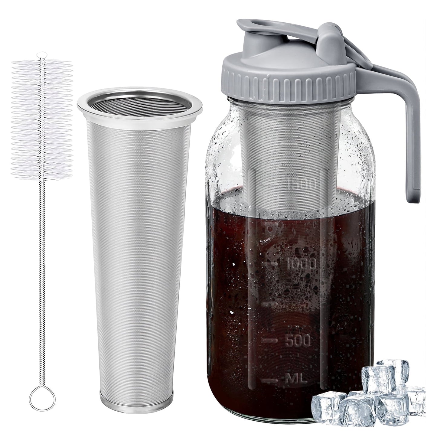GOSCHE Cold Brew Coffee Maker 64oz Leak-Proof Cold Brew Pitcher with Stainless Steel Filter, Pour Spout Handle Lid, Gray
