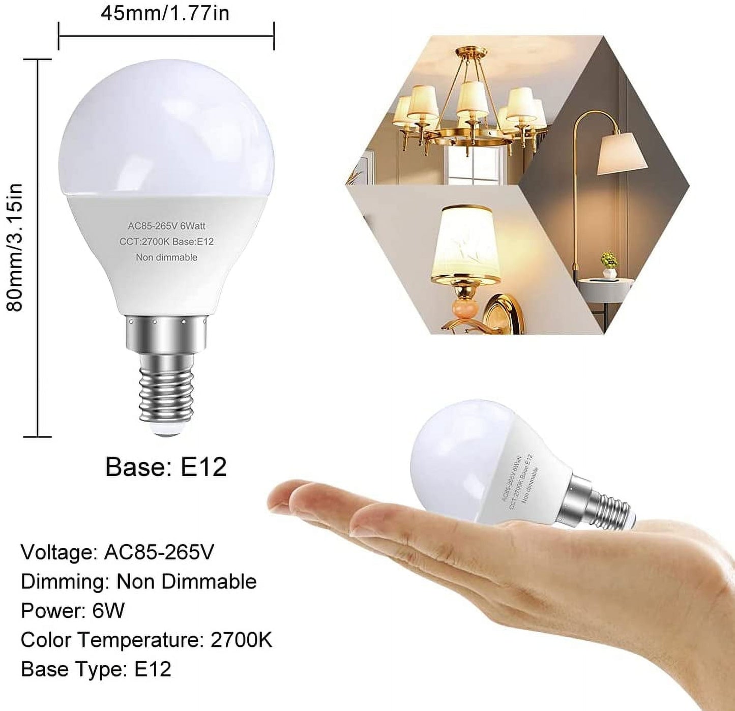 12 Pack E12 LED Candelabra Light Bulbs, 60 Watt Equivalent, Warm White 2700K, 120V Chandelier Llight Bulb, A15 / G45 Shape Ceiling Fan Light Bulbs, Bright Small Bulb Non-Dimmable
