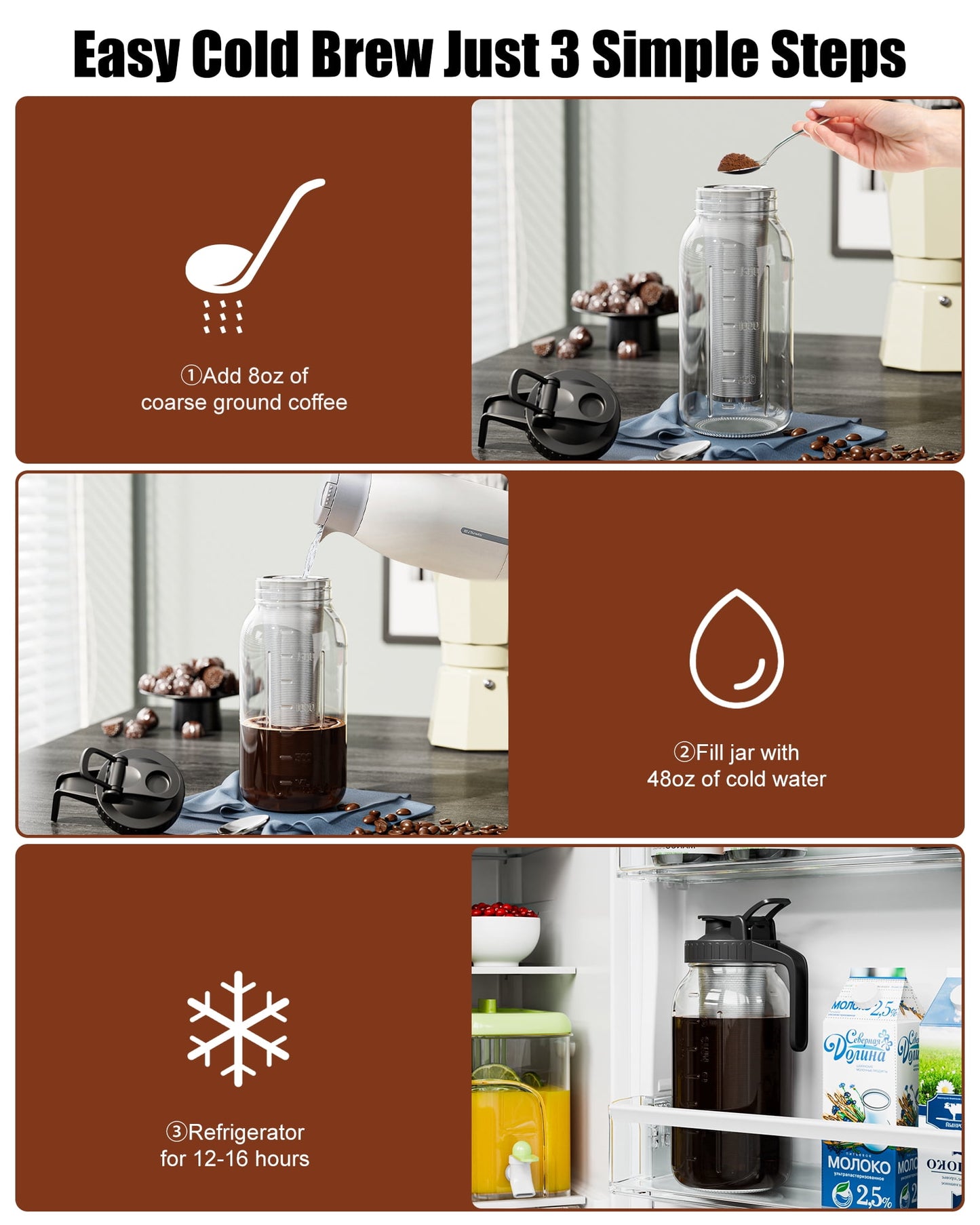 GOSCHE Cold Brew Coffee Maker - 2 Quart 64oz Stainless Steel Filter Cold Brew Pitcher Jar, No Leaks Cold Brew Mason Jar Coffee Maker, Easy to Clean Cold Coffee Maker
