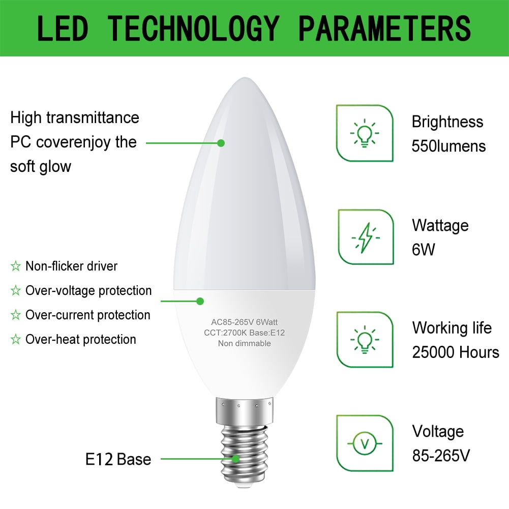 GOSCHE LED Light Bulbs, 6 Watts (60 Watts Equivalent) E12 led bulb,2700K Type B Light Bulb for Chandelier,12 Pack