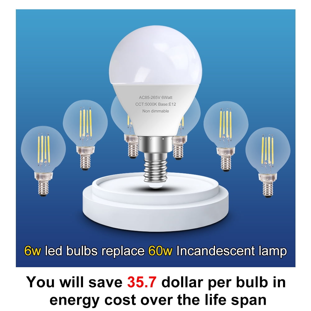 6 Pack Bright Ceiling Fan Light Bulbs, 120V 6 Watts (60 Watts Equivalent), 5000K E12 A15 Shape Candelabra Base Chandelier Led Bulb, Non-Dimmable