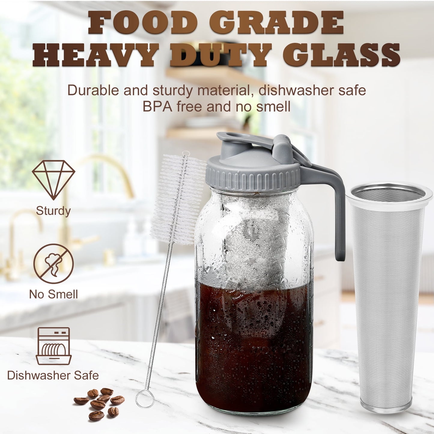 GOSCHE Cold Brew Coffee Maker 64oz Leak-Proof Cold Brew Pitcher with Stainless Steel Filter, Pour Spout Handle Lid, Gray